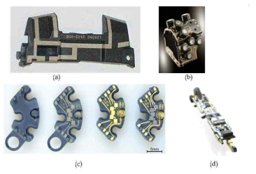 일체형 회로 패턴의 예; (a) 스마트폰 인테나, (b) 모터사이클 그립, (c) 센서, (d) 치과용 의료기기