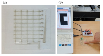 (a) 8×4 싱글 스텝 대면적 센서 (b) 대면적 센서을 이용한 압력 측정
