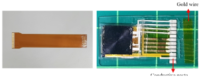 3차원 피부형 센서 집합체 전기적 연결을 위한 FPCB(좌) 및 금 와이어를 이용한 연결 시스템(우)