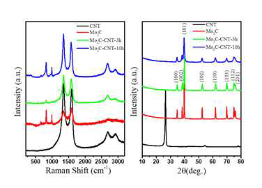 합성한 Mo2C/CNT and W2C/CNT hybrid 의 라만, XRD 특성