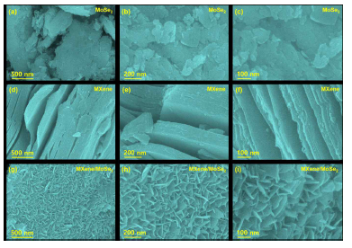 FESEM images with the different magnifications for (a-c) MoSe2, (d-f) MXene and (g-i) MXene/MoSe2 hybrid