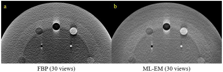 Catphan 팬텀 30 views 재건영상 (좌) FBP 재건 영상 (우) ML-EM 재건 영상