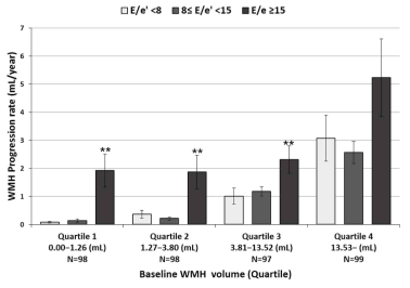 Baseline WMH volume 및 E/e´ 값에 따른 WMH progression rate