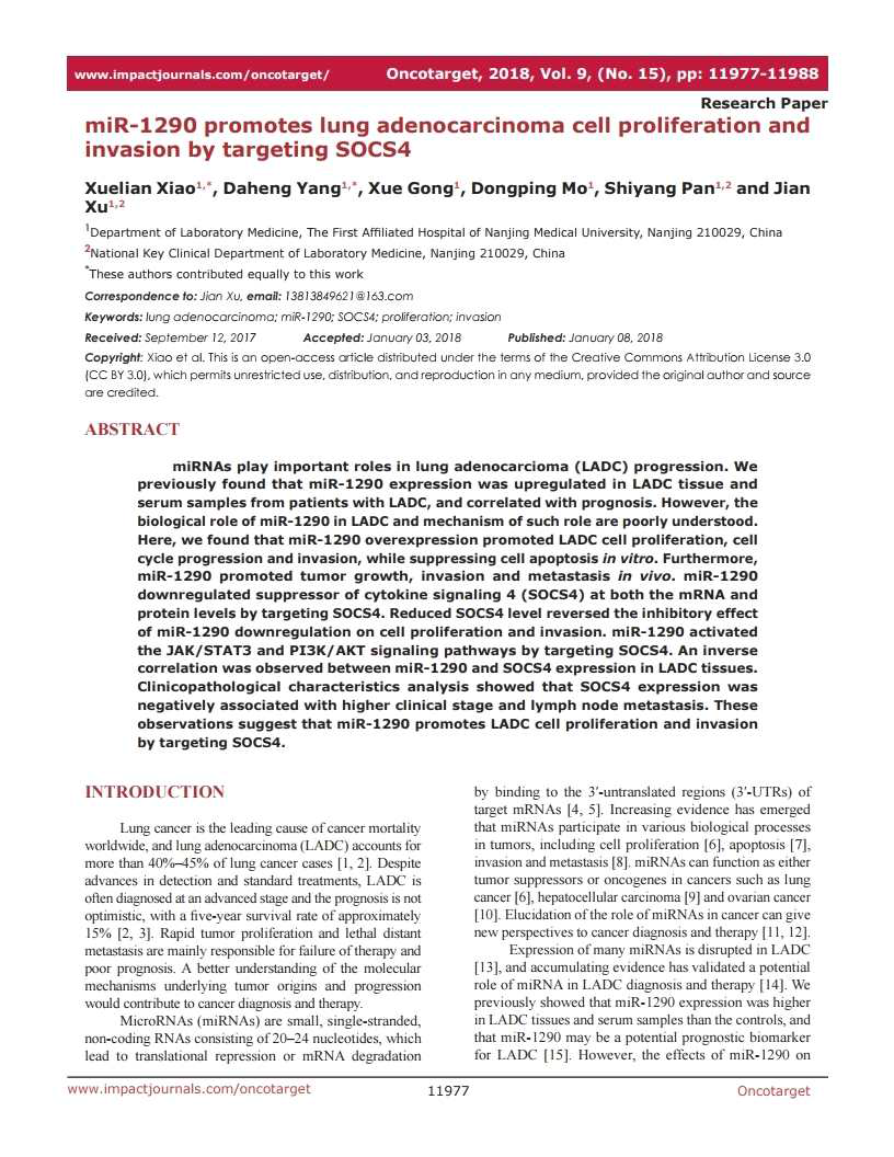 lung adenocarcinoma에서 miR-1290과 그 target 단백질인 SOCS4에 연관된 논문