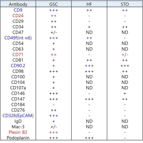 선발한 GSC특이적인 항체군들의 GSC, HD, STO에서 발현 비교 (파란색은 기존에 알려진 것들임 빨간색은 새로 발굴한 것들)