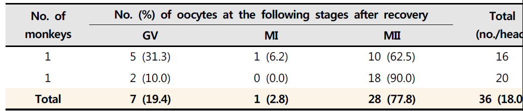 과배란유도 후 회수한 원숭이 난자의 핵 발달단계 조사