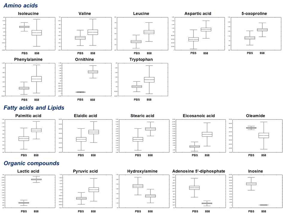 PBS 처리 마우스와 858 균주 mono-colonization의 마우스 분변 내 아미노산, 지방산 및 지질, 유기물질 류의 차이 나는 대사체 함량 비교 결과