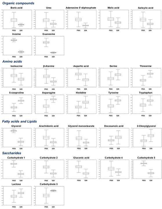 PBS 처리 마우스와 529 균주 mono-colonization의 마우스 분변 내 차이 나는 대사체 함량 비교 결과