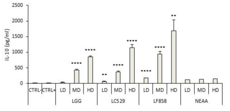 LGG, 529, 858 균주의 surface protein 처리에 의한 IL-10 변화 확인 마우스 대식세포주인 Raw 264.7에 LPS 1μg/mL 2시간 처리하여 활성화한 후에, 각 protein solution을 1 μg/mL(LD), 10 μg/mL(MD), 50 μg/mL(HD)로 16시간 처리한 후, cell supernatant에서 IL-10 발현량을 ELISA로 측정하였다. 유의성 평가는 LPS 처리군(CTRL+) 대비 각 실험군의 student t-test 검정 결과(**: p <0.01 ***: p < 0.001, ****: p <0.0001)로 표기하였다. NEAA: non-essential amino acid mix