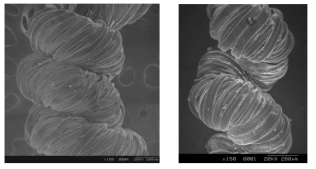 Silver coating 시간별 Spandex filament 표면 SEM 사진