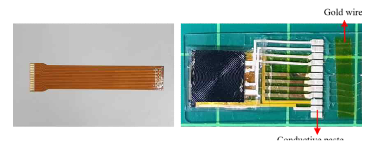 3차원 피부형 센서 집합체 전기적 연결을 위한 FPCB(좌) 및 금 와이어를 이용한 연결 시스템(우)