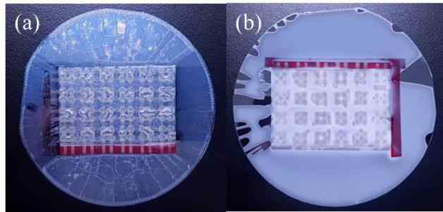 첨가제를 넣은 PDMS를 표면에 도포한 다단계 대면적 피부형 센서 (a) 두께 20 um (b) 두께 100 um