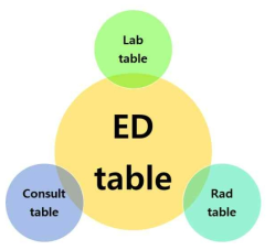 응급실 진료 데이터베이스 *응급실 테이블 (ED table); 혈액검사 테이블 (Lab table); 영상검사 테이블 (Rad table); 협의진료 테이블 (Consult table)