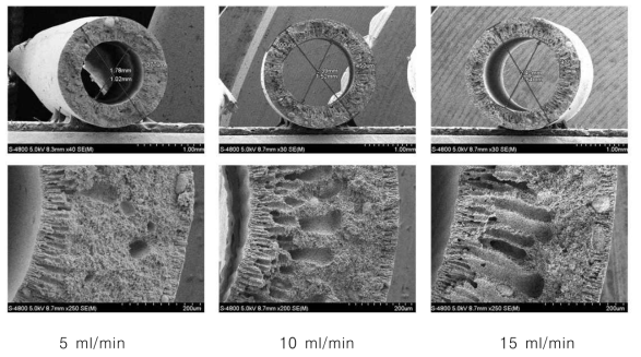 내부 응고제 유량 변화에 따른 알루미나 중공사막 green body의 SEM 결과 (방사압력 : 1 bar, 에어갭 : 10 cm)