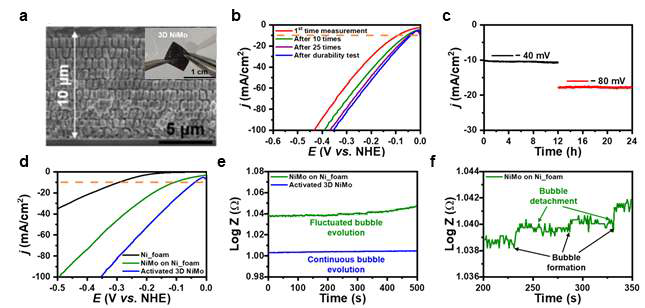 3D Ni-Mo 촉매 소재의 (a) SEM 단면 이미지, (b) 측정 횟수에 따른 수소생산 성능의 증가에 관한 선형주사전위법 분석 결과, (c) 전압이 가해진 상태에서 시간에 따른 전류의 변화. (e) 3D Ni-Mo, Ni foam, Ni-Mo가 성장된 Ni foam에서의 촉매성능 비교, (f) 수소생산 촉매 반응 중 발생하는 3D NiMo의 임피던스 변화 및 (g) 이의 확대 그래프