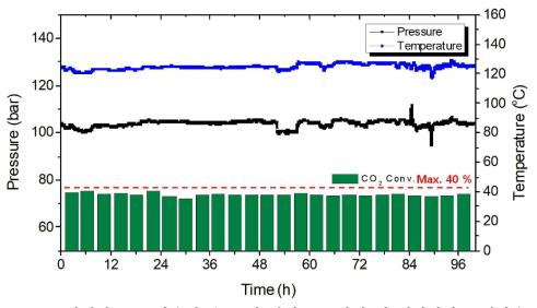 파일럿 TRB 반응기 온도 및 압력 프로파일 및 이산화탄소 전환율