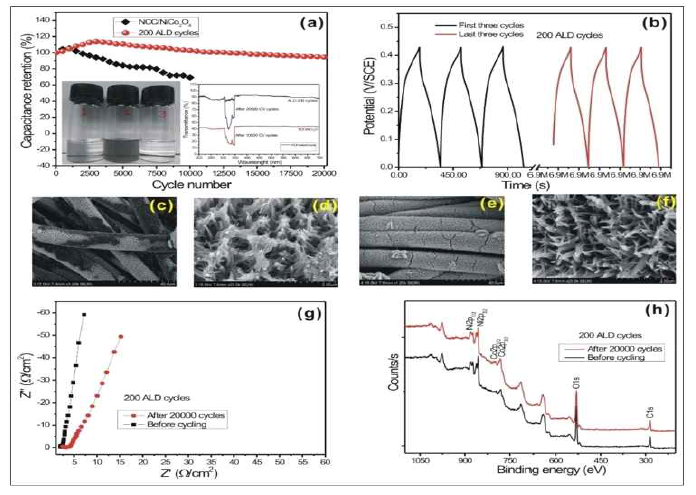 (a) capacitance retention of the NCC/NCO/NiO (200 NiO ALD cycles) and NCC/NCO electrode for 20,000 and 10,000 charge-discharge cycles, respectively. (b) initial and final charge- discharge cycles for the NCC/NCO/NiO electrode. The SEM images after the stability measurements for (c, d) NCC/NCO electrode (10,000 charge-discharge cycles), (e, f) NCC/NCO/NiO electrode (20,000 charge-discharge cycles). (g) EIS and (h) XPS plots for the NCC/NCO/NiO electrode before and after 20,000 charge-discharge cycles