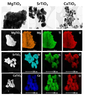 제조된 페로브스카이트 복합금속산화물 촉매 (MgTiO3, SrTiO3, CaTiO3)의 TEM 및 TEM-EDX image