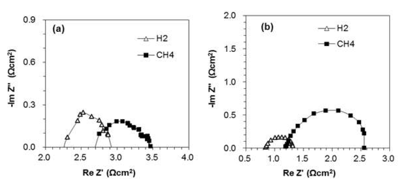 CH4, H2 분위기에서 측정한 (a) SYT, (b)Ni/YSZ 연료극의 분극저항 @750℃