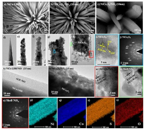 HR-SEM images of (a) bare NC, (b) NCS/NiSx (10 nm ALD NiO), and (c) NCS/NiSx (10 nm ALD NiO). HR-TEM images of (d) bare NC, (e, g) NCS, (f, h) NCS/NiSx (10 nm). (i, j) Diffraction plane analysis and SAED pattern of NCS marked in image (g). HR-TEM images of (k) NC/NiO (15 nm) and (l) NCS/NiSx (15 nm). (m-o) Diffraction plane analyses and SAED pattern of NCS/NiSx (10 nm) marked in image (h). (p-s) Elemental mapping of NCS/NiSx (10 nm) catalyst