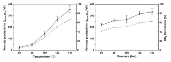 온도(왼쪽) 및 압력(오른쪽) 변화에 따른 수소화 반응 연속공정의 촉매활성 결과