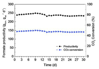 30일간의 이산화탄소 수소화 반응의 연속 공정 결과