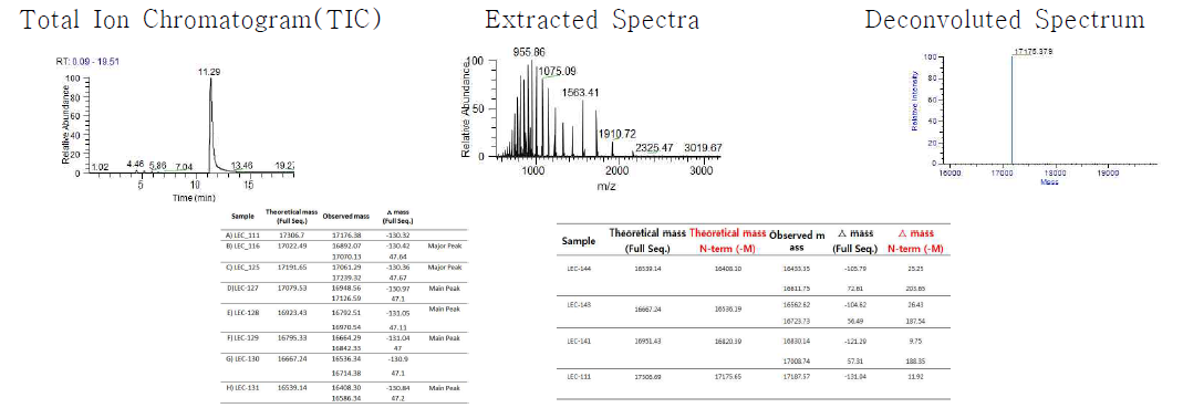 Intact mass spectrum 예시 및 측정값 정리