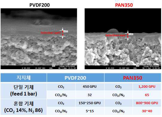 Nanostone PVDF200과 PAN350 지지체를 이용한 나노탄소함유 분리막의 기체 투과 특성 비교