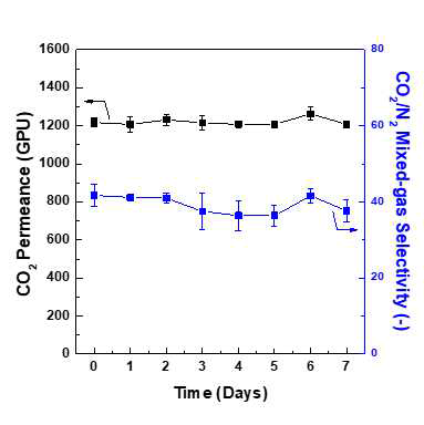 기개발한 고투과성 분리막의 CO2/N2 혼합기체 분리 안정성 평가