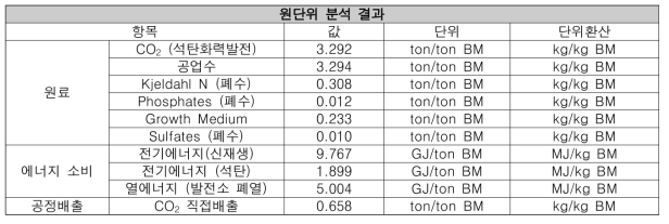 미세조류배양 원단위 결과