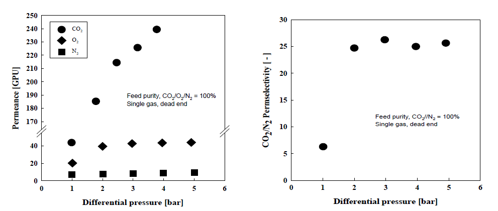 AIRRANE 분리막에서 CO2/N2 선택도 및 투과도에 미치는 압력의 영향