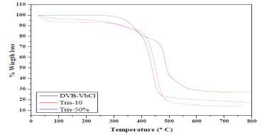 아미노화 된 PVbCl-DVB 공중합체의 TGA