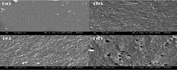 SEM images of the pitch precursor and pitch-derived nanoporous carbons: (a) Pitch precursor (untreated), (b) AC-1, (c) AC-2, and (d) AC-3