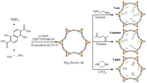 Mg2(dondc)(1), 1-en, 1-mmen, 1-ppz 의 제조와 아민기능화