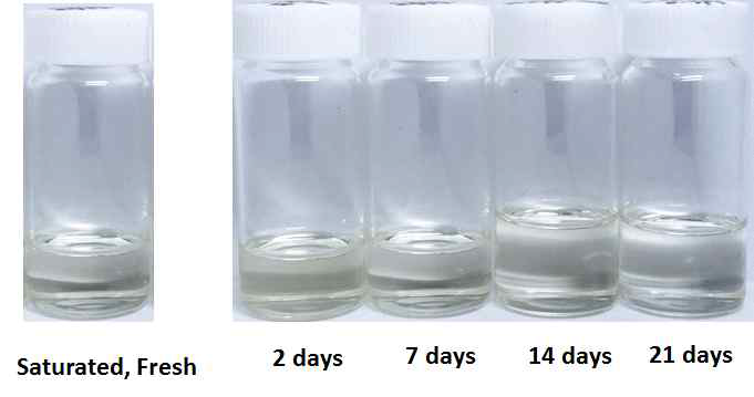 Photographs of samples after thermal treatment of MAB-E at 120 oC in 1 inch OD tube reactors. All the samples contain mixed inhibitors of 0.1% Z1 and 0.2% AB