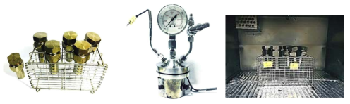 Photographs of a 50 mL high pressure bomb reactor, 1 inch OD tube reactors, and an oven with tube reactors