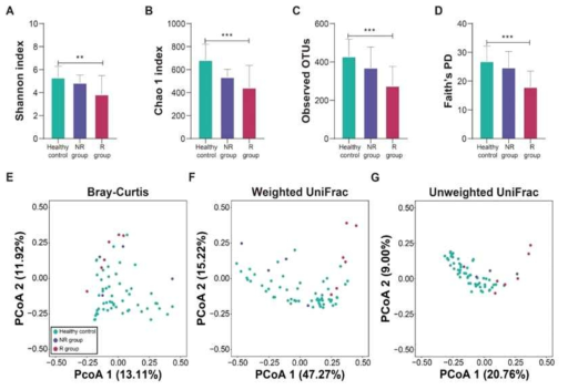 정상군과 NR 및 R 그룹의 FMT 전 장내 미생물 다양성 비교. (A) Shannon index, (B) Chao 1 index, (C) observed OTUs, and (D) Faith