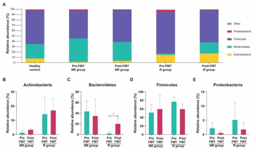 정상군과 NR 및 R group의 FMT 전·후 phylum level에서 세 그룹의 장내 미생물 군집 구성 비교. (A) 세그룹의 phylum level에서의 상대 존재비. (B-E) (B) Actinobacteria, (C) Bacteroidetes, (D) Firmicutes, (E) Proteobacteria의 상대 존재비율. * adjusted p<0.05, one-way ANOVA에 의한 통계 분석 진행
