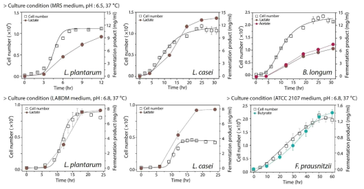 Lactobacillus, B. longum F. prausnitzii 균주의 생장곡선 및 발효산물 프로파일링