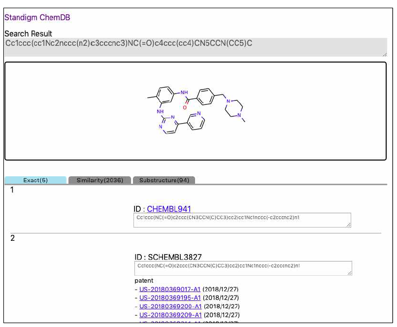 ChemDB의 구조 검색 결과 화면의 예