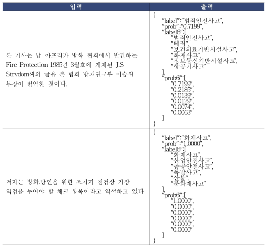 재난안전유형 자동 분류 API의 입력과 출력 예시