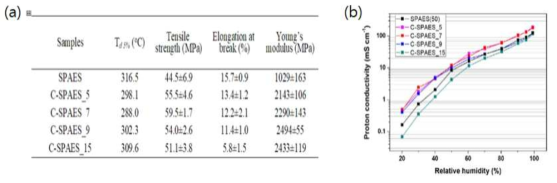 C-SPAES 막의 (a) 열 안정성, 기계적 물성, (b) 수소이온 전도도