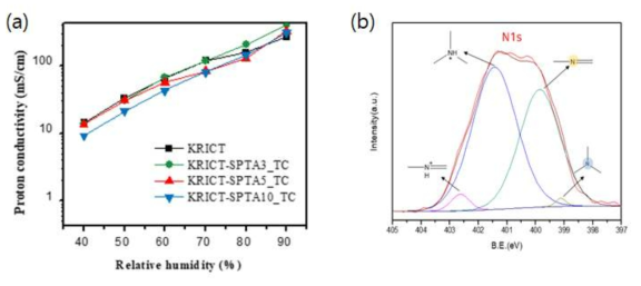 (a) 수소이온 전도도, (b) XPS 데이터