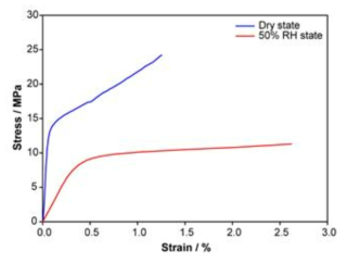 RH에 따른 35 ㎛ 두께 recast-나피온의 strain-stress 곡선