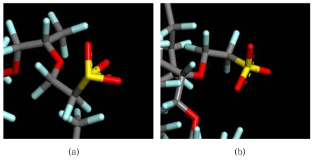 force-field 종류에 따라 전산모사를 통해 얻어진 술폰산기의 구조 (a) Dreiding, (b) COMPASS