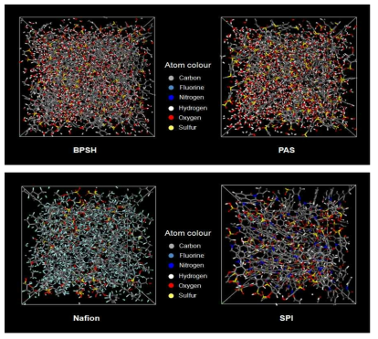 분자동역학 전산모사를 통하여 제조된 비과불화탄소계 및 과불화탄소계 전해질막 3D 분자모델