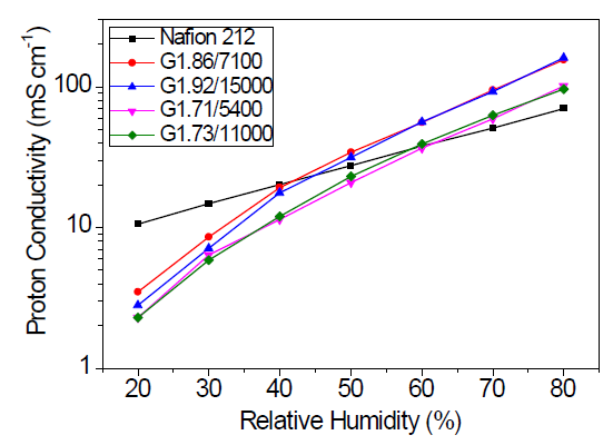 유사한 이온교환능을 가지는 가지형 고분자의 습도에 따른 이온전도도