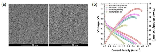 (a) SPAES(좌) 및 SPAES/SPTA-GO(우) 전해질 막의 TEM 이미지, (b) SPAES/SPTA-GO 및 Nafion 212 를 활용한 MEA single cell performance (80 ℃, H2/O2, w/o. back pressure)