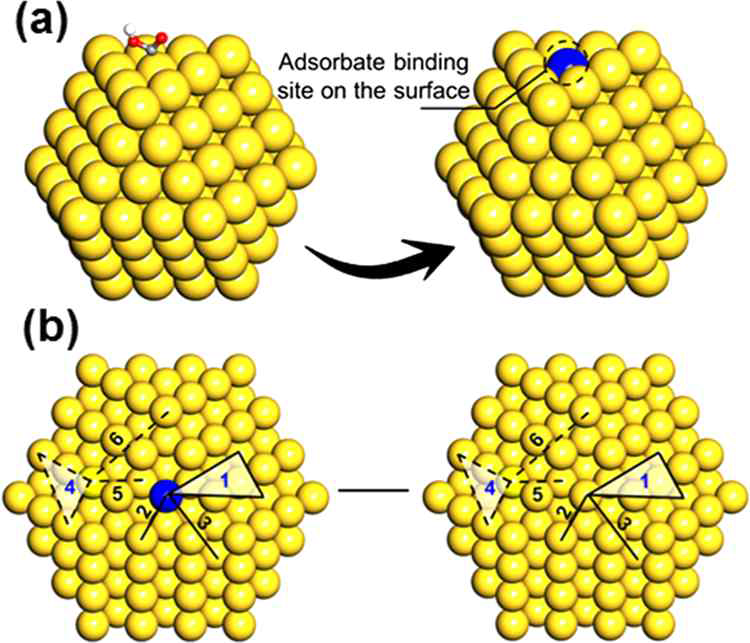 HK5 (a) 나노입자에서 흡착 전과 후의 에너지 비교 (b) 흡착 에너지에서 흡착자리를 포함한 상호작용 (1,2,3)과 배제되는 상호작용(4,5,6)