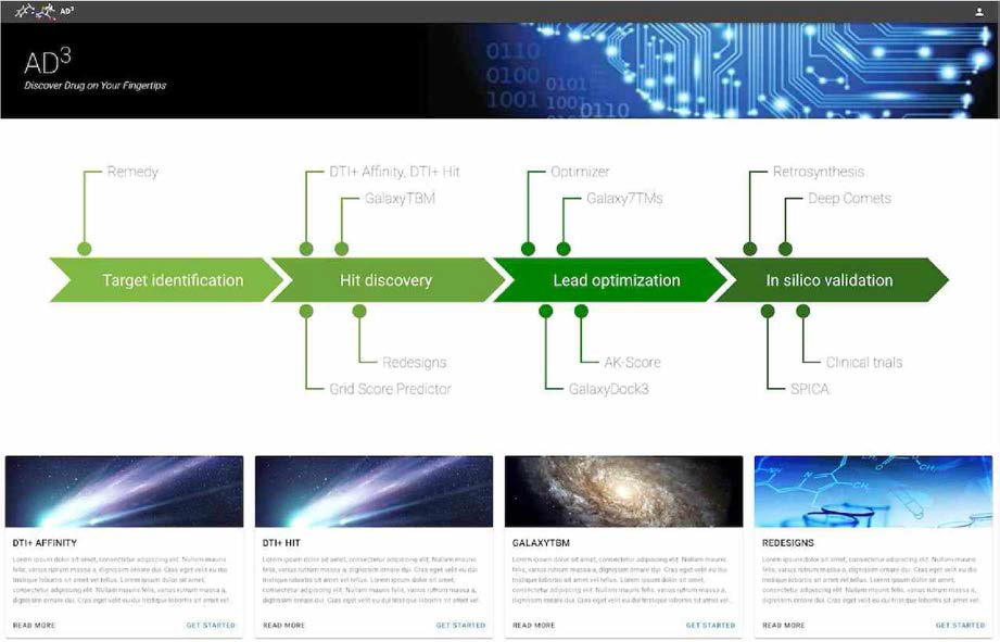 신약 개발 방법을 서비스하기 위해서 개발된 AD3 웹 포털 (http://ad3.io/)
